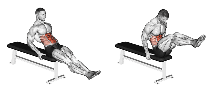 Relevés de jambes assis sur un banc Relevés de jambes assis sur un banc — illustration de l'exercice