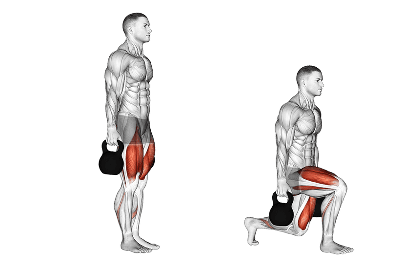 Fentes avec kettlebell Fentes avec kettlebell — illustration de l'exercice