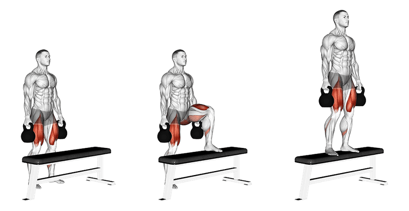 Kettlebell step ups Kettlebell step ups — illustration de l'exercice