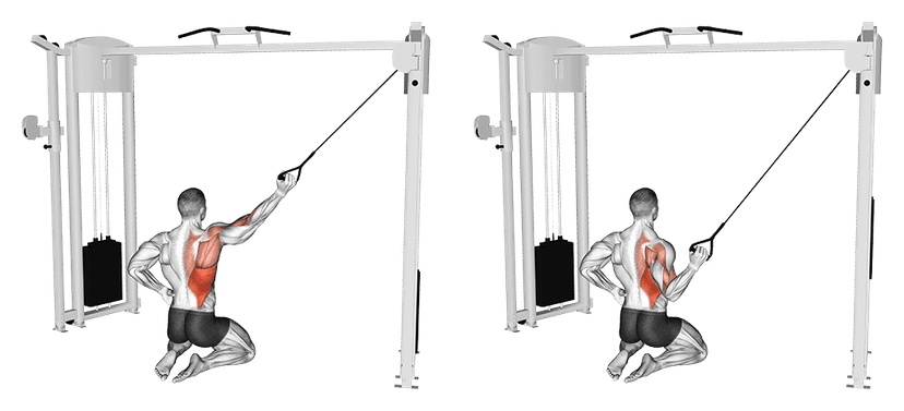 Tirage vertical unilatéral aux câbles dorsaux Tirage vertical unilatéral aux câbles dorsaux — illustration de l'exercice