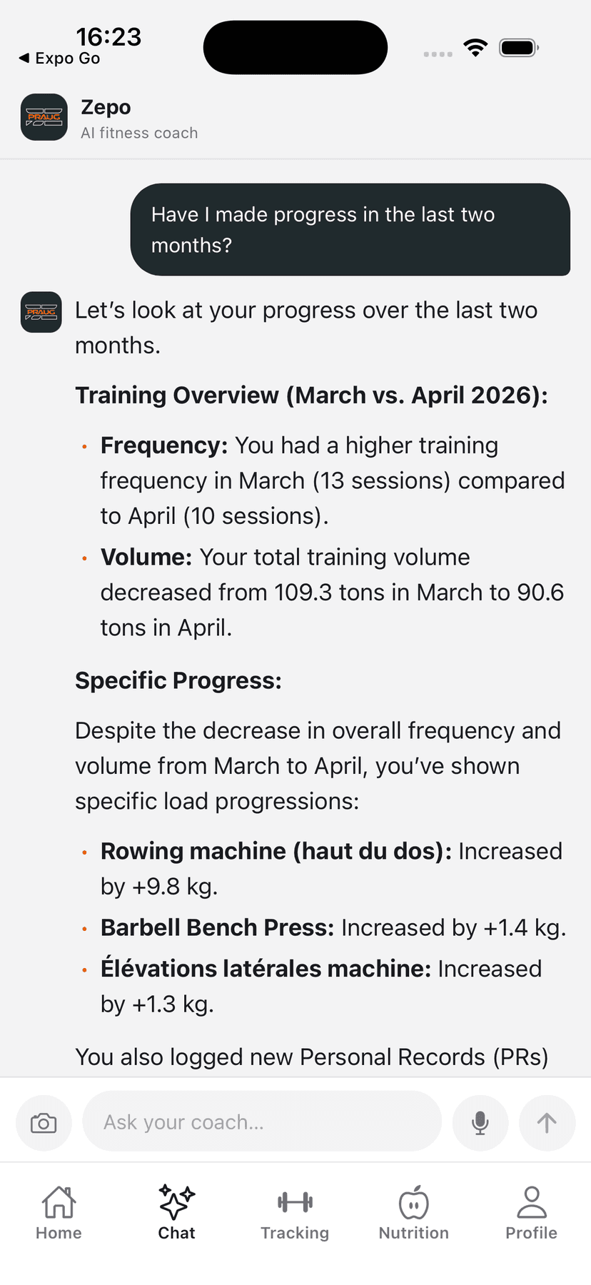 Conversation with Zepo: 2-month progression analysis