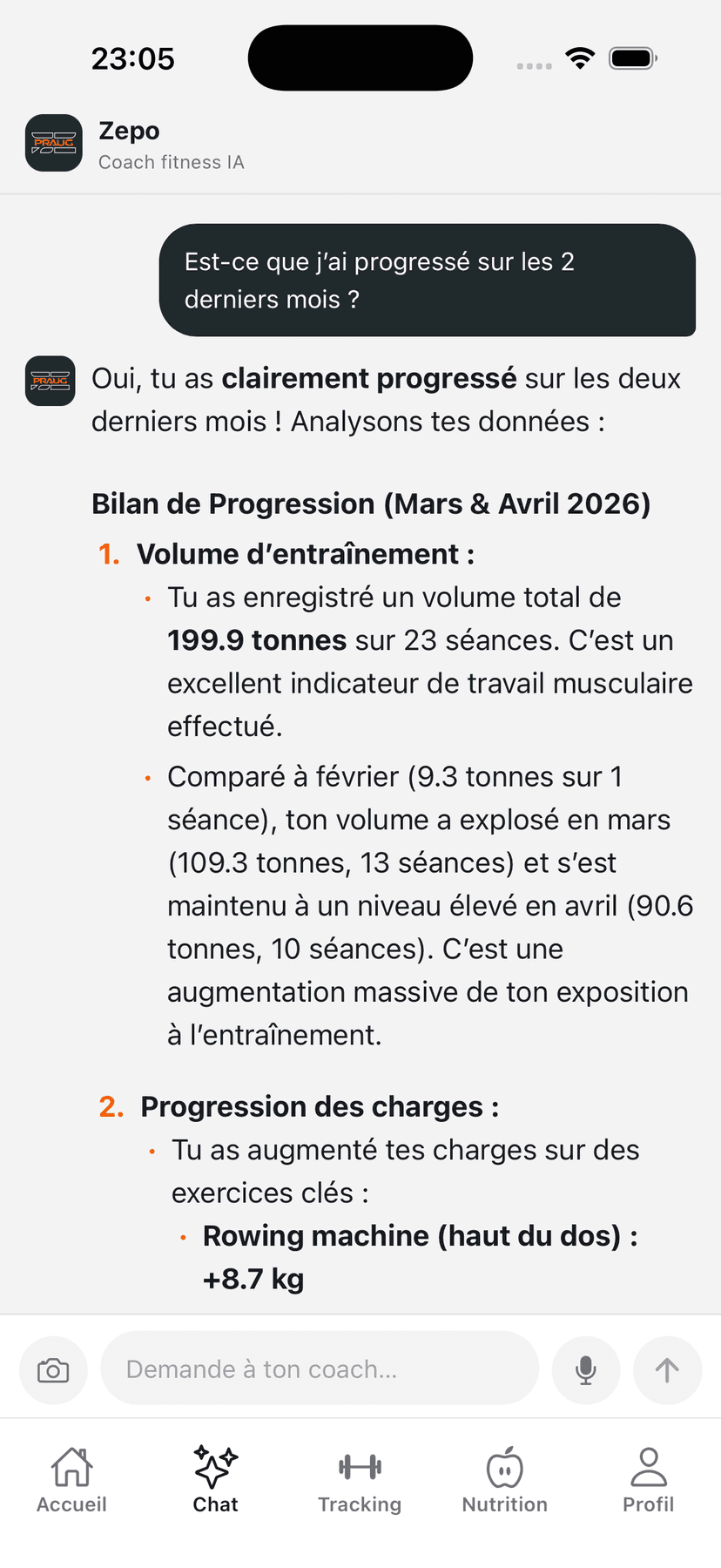 Conversation avec Zepo : analyse de progression sur 2 mois