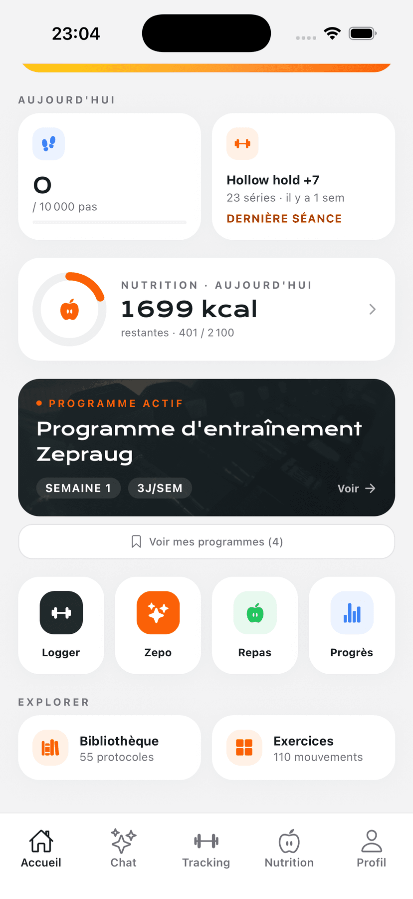 Écran d'accueil de l'application Zepraug