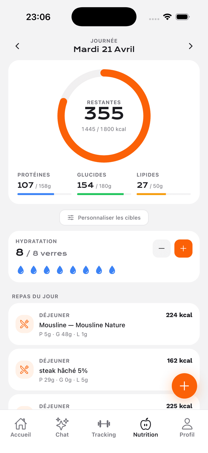 Écran nutrition : anneau de calories et hydratation